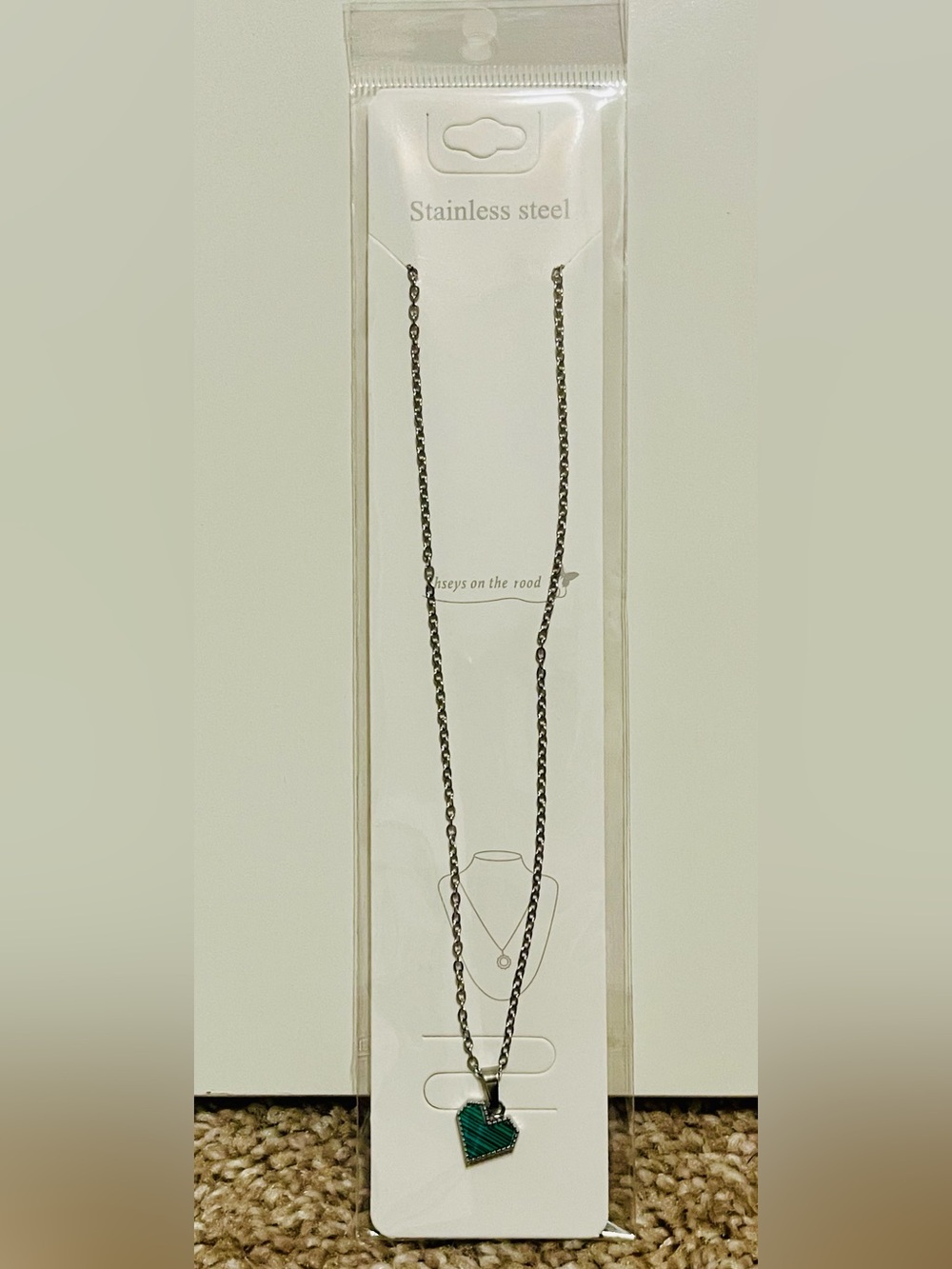 Stainless Steel Necklace with Green Heart Pendant
